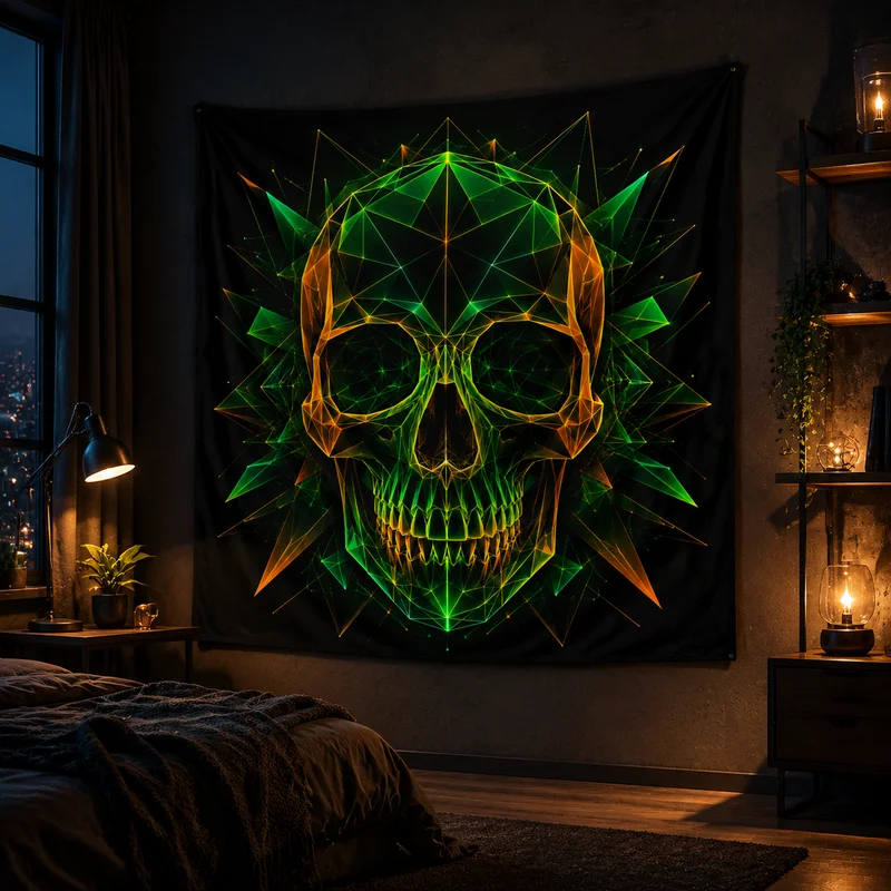 VIKAMA Tech Gothic Skeleton Tapestry, Neon Geometric Skeleton Wall Hanging, Mysterious Cyber Art Print Tapestry