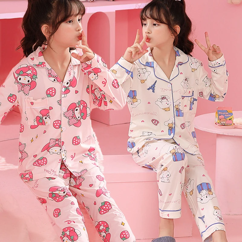 

New Kuromi Sanrios Child Pajamas Spring Autumn New Cotton Kawaii Child Cardigan Girl Home Clothing Long Sleeves Trousers Set