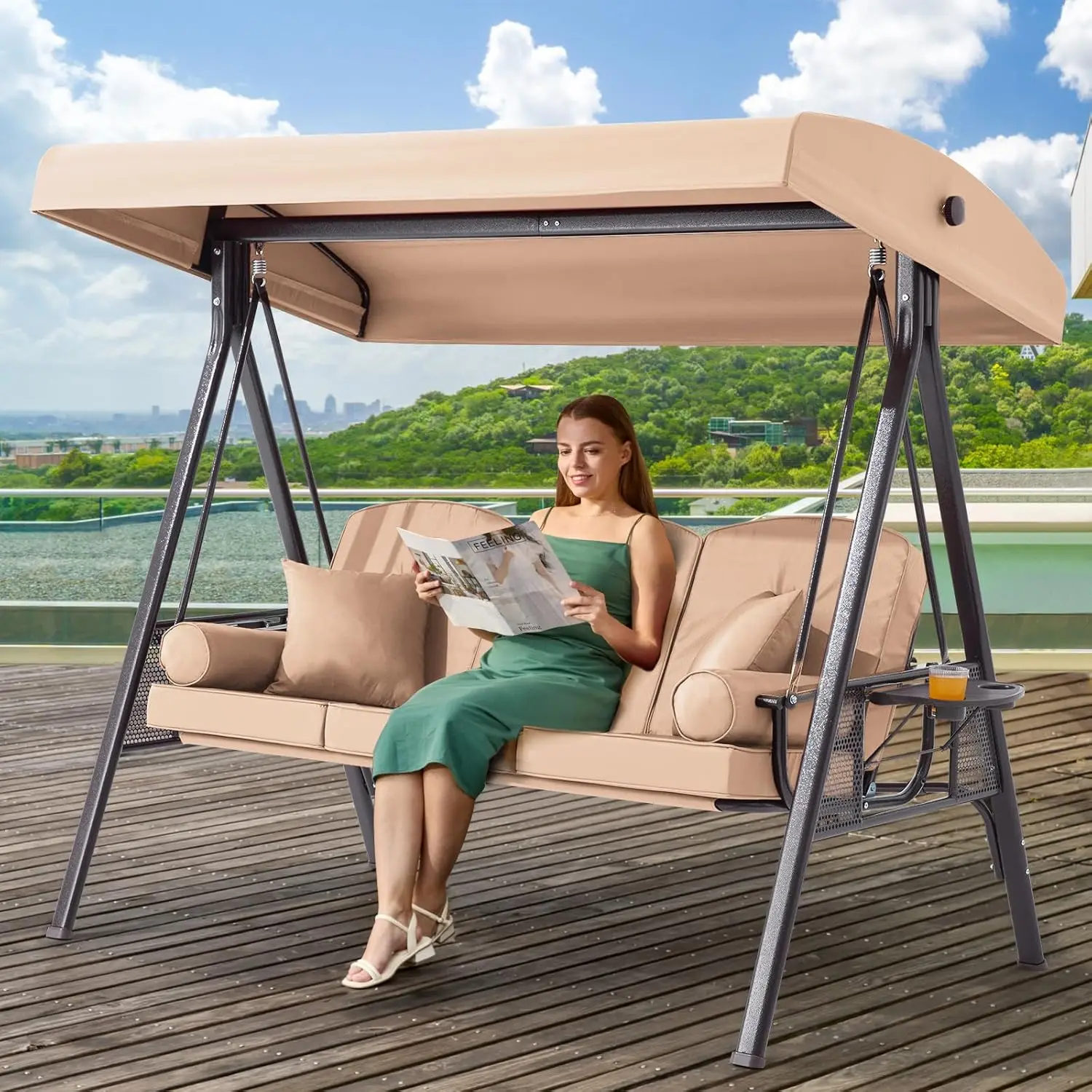 

3 in 1 Patio Swing with Adjustable Canopy, 3 Seat Outdoor Swing for Adults, Patio Swing Chair with Thickened Cushions,Pillows