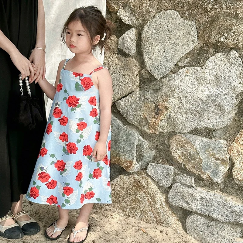 Girls Korean Summer Dress Girls Halter Dress Pommel Skirt Girls Summer Sleeveless Beach Dress Children\'S Dress For 3-8Y