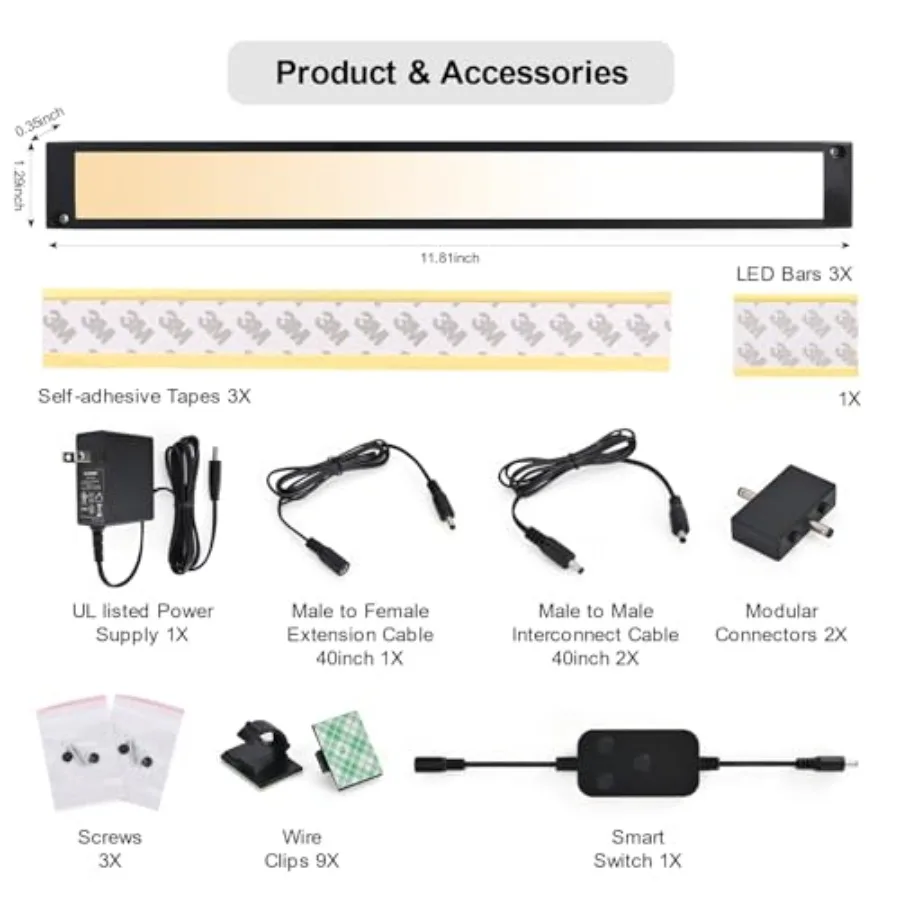 3pack 12inch Dimmable LED Under Cabinet Light Kit, 2700K to 6000K Smart LED Under Counter Lighting Fixture, Compatible with Ale