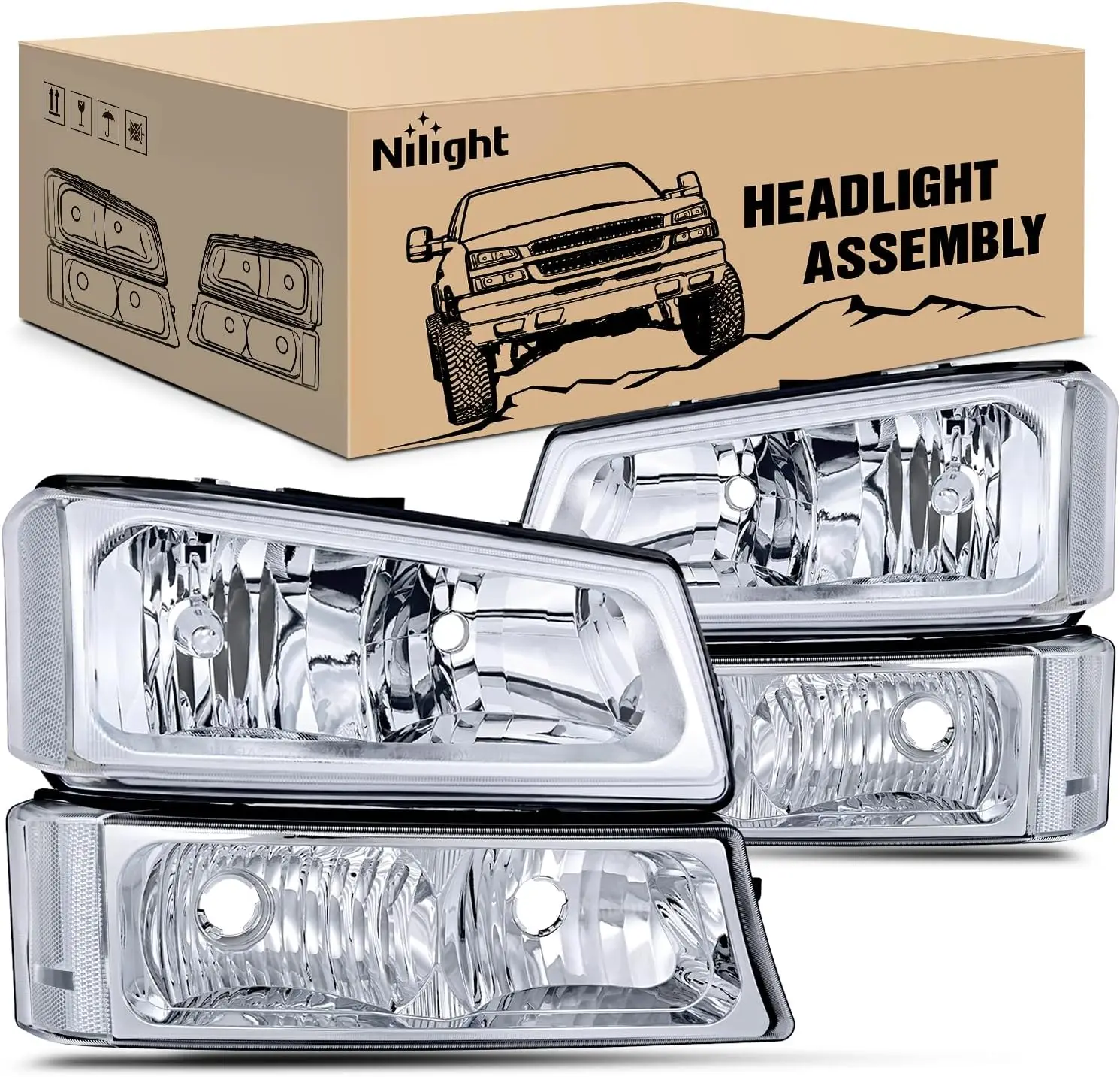 

Nilight Headlight Assembly for 2003 2004 2005 2006 Chevy Silverado Avalanche 1500 1500HD 2500 2500HD 3500 Chevrolet Pickup Replacement Headlamp Housing Bumper Lamp Set, OE Style Front Headlight Replacement for Chevy Truck Night Driving