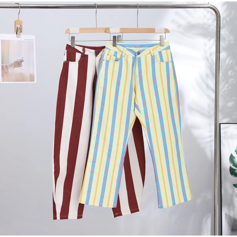 Casual Women's Red Striped Pants Button Zipper Double Pockets Straight Straight Leg Trouser 2026 Spring Summer Fashion Lady Pant