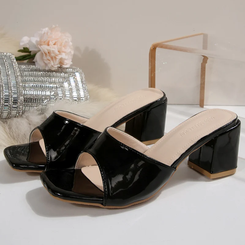 Patent Leather Black High Heels Sandals Women 2026 Summer Peep Toe Thick Heeled Mule Slippers Woman Plus Size 43 Party Shoes - view 2