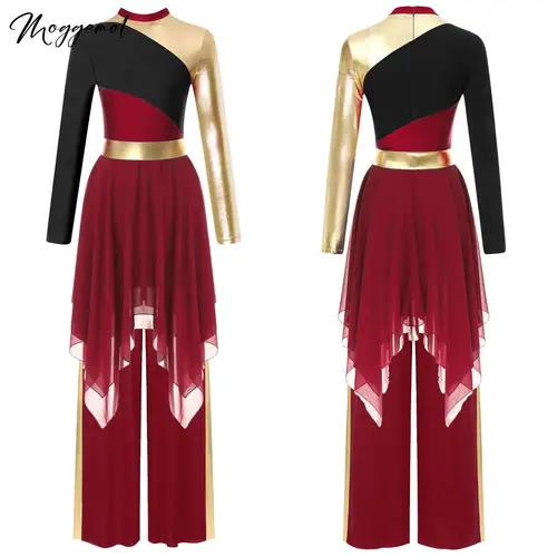 Imagen 1 del producto Vestido de baile lírico de alabanza litúrgica para mujer, vestido de retazos de bloques de Color con dobladillo Irregular y pantalones, traje de baile de salón de adoración