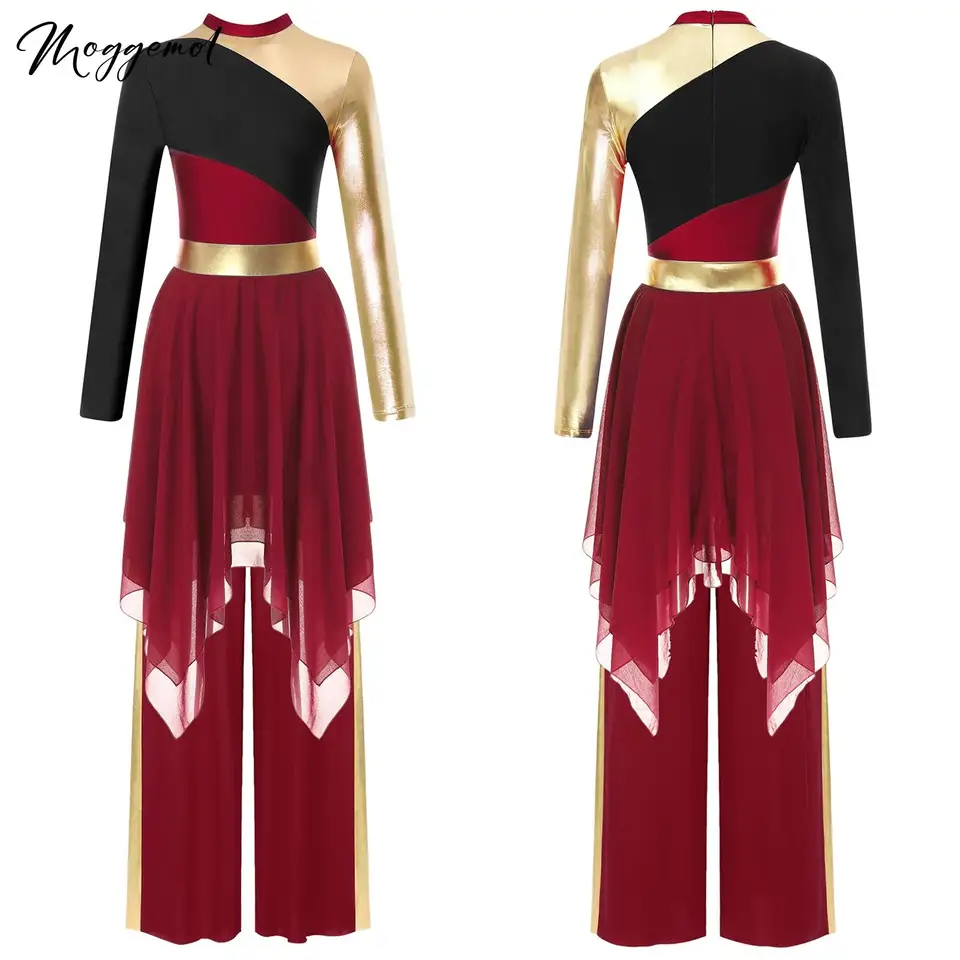 Womens Liturgical Praise Lyrical Dance Dress Irregular Hem Color Block Patchwork Dress with Pants
