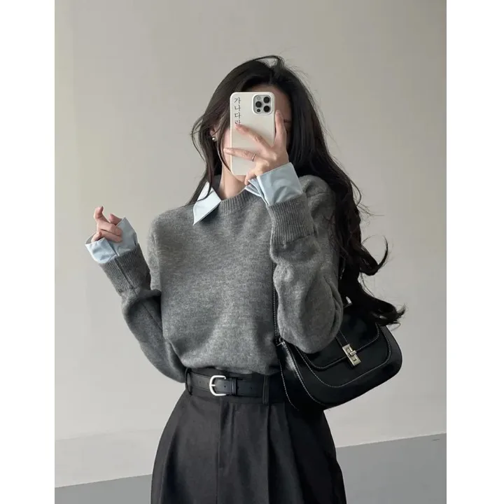 

Корейский свитер с воротником Sle irt Long Sve, женская внутренняя одежда, вязаный топ Lazy Sle, искусственный двухсекционный дизайн Sensation