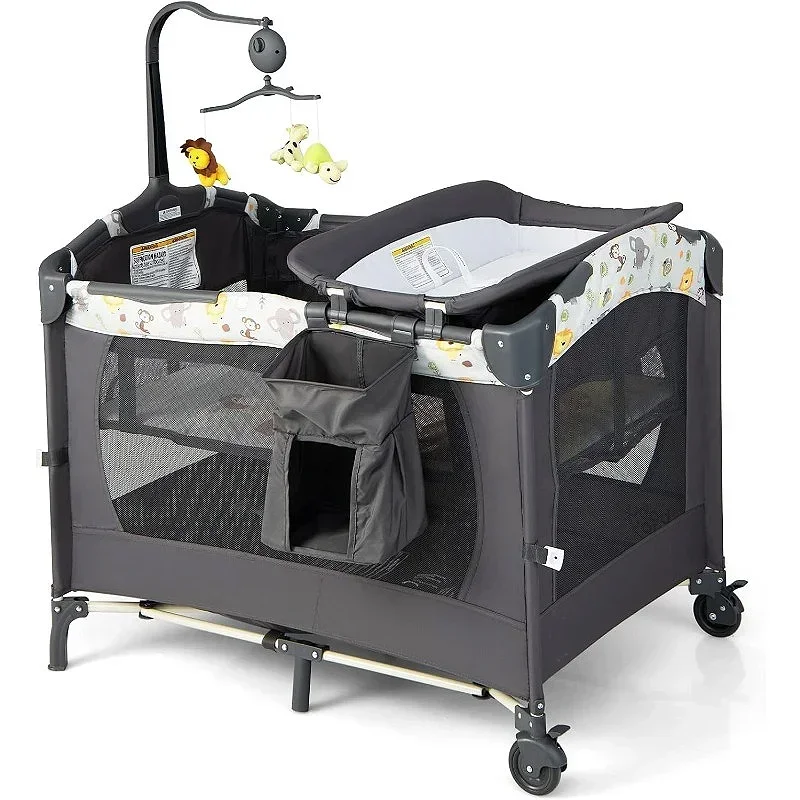 4 in 1 Portable Baby Crib Nursery Center Foldable Travel Playard with Bassinet Mattress Toys Changing Table for Newborn Infant