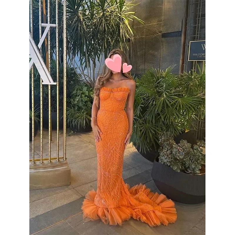 Vestido de noche naranja elegante sin tirantes, traje Formal de encaje brillante, sirena, personalizado, fiesta de cumpleaños, 2024