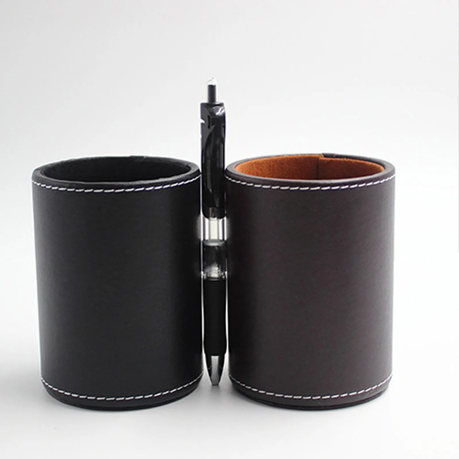 1Pcs PU Pen Holder Round Shape Sturdy Desktop Pencil Container for Office Home Makeup Brush Storage Brown Black