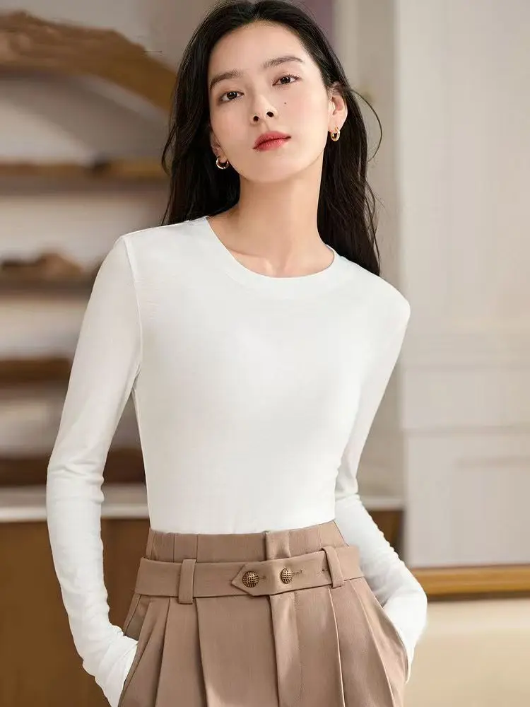 Top wit slim-fit ondershirt dames 2024 lente en herfst nieuwe basic effen kleur met lange mouwen alles met elastische T-shirts