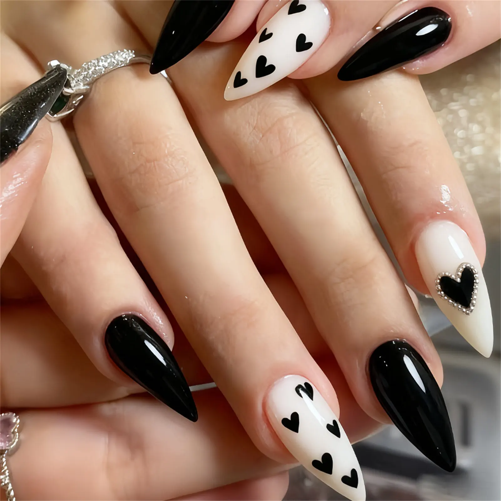 

24Pcs Black Almond Fake Nails for Women Valentine's Day DIY Manicure White Press On Nails Love Heart Printed Beads Decor