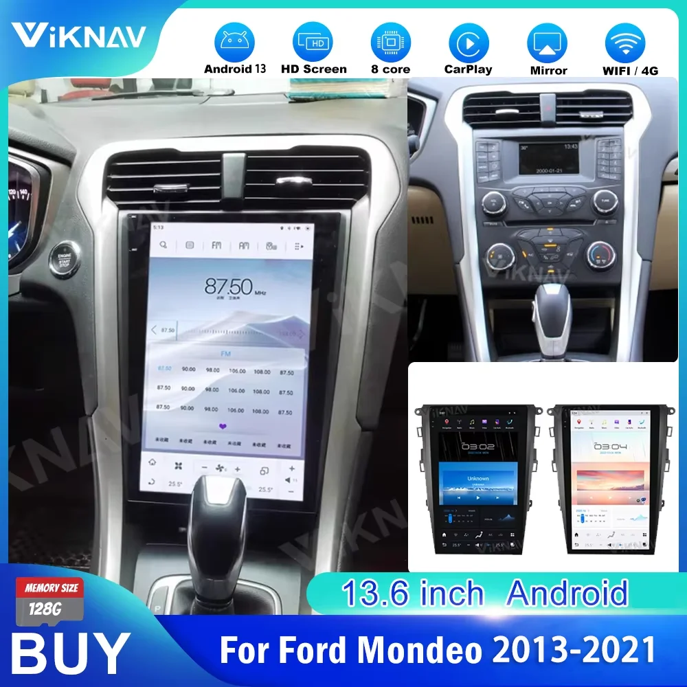 

Автомобильная магнитола VIKNAV 13,6 дюймов для Ford Mondeo 2013-2021 Android 13 Tesla экран GPS Авторадио мультимедийный видеоплеер