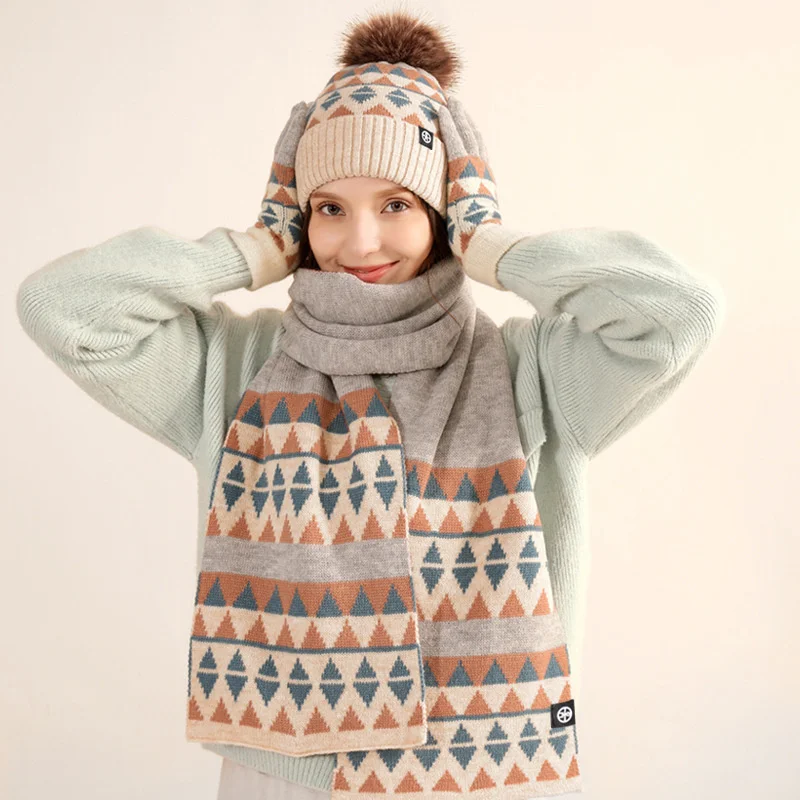 Knitted Gloves Scarf Hat 3 Piece Set Japanese Style Wool Cold Resistant Warm Winter Outfit for Women