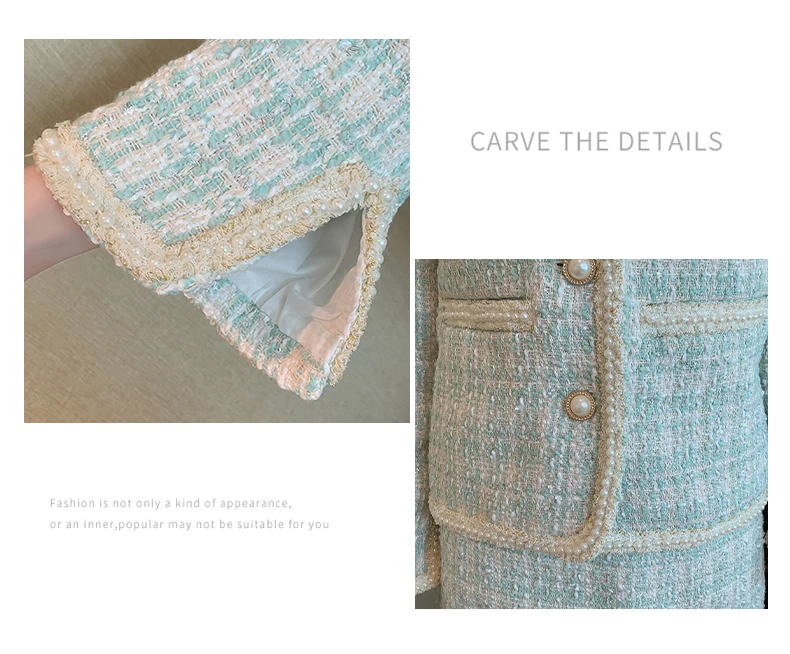 High Quality Tweed Jacket Coat Skirt Two Piece Sets Women Fall Winter Small Fragrant Beads Crop Tops+Bodycon Mini Skirt Suits