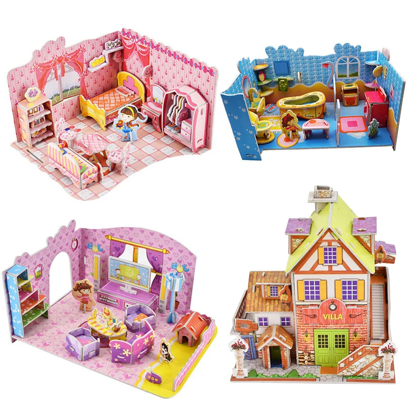 DIY Doll Dollhouse Assemble Puzzle Toys For Children Miniatures Doll House Furniture Kit Jigsaw 3D Paper Puzzles Girl Toy Gifts