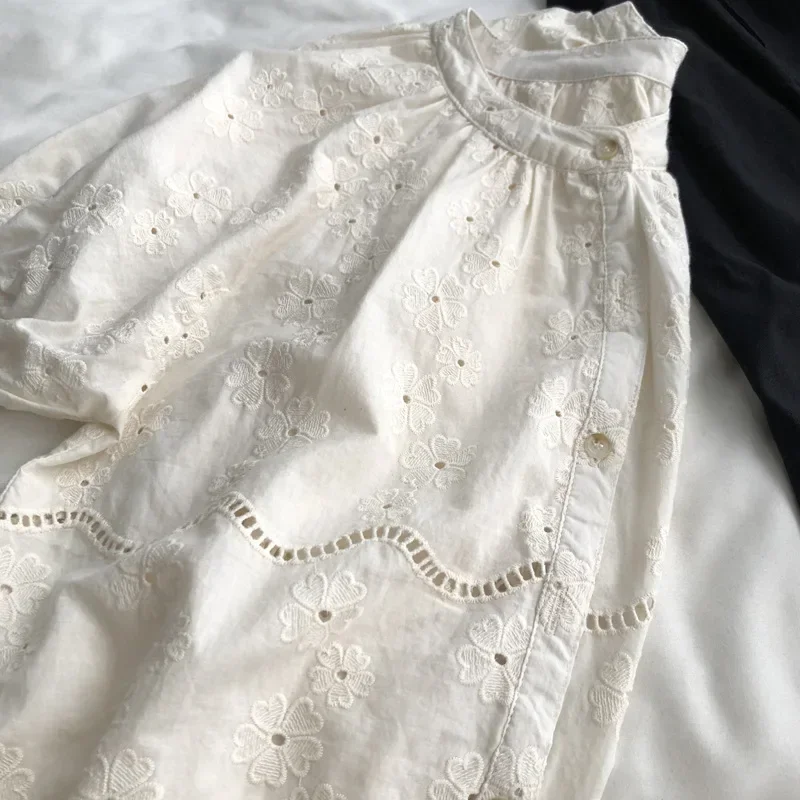 Retro Chic Embroidery Eyelet Lace Sweet Puff Sleeve Shirt Mori Girl Korean Vintage Summer Cottage Core Classy Elegant Blouse