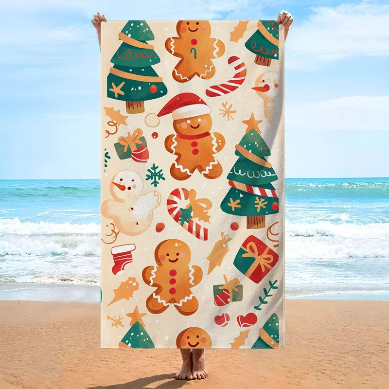 Gingerbread Man Christmas Tree Snowman Cartoon Print Beach Towel Vibrant Colors for Joyful Holiday Beach Day Celebration