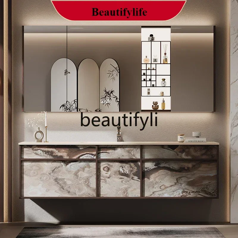 

A185 French medieval retro bathroom cabinet combination rock slab hot bending integrated basin washbasin cabinet