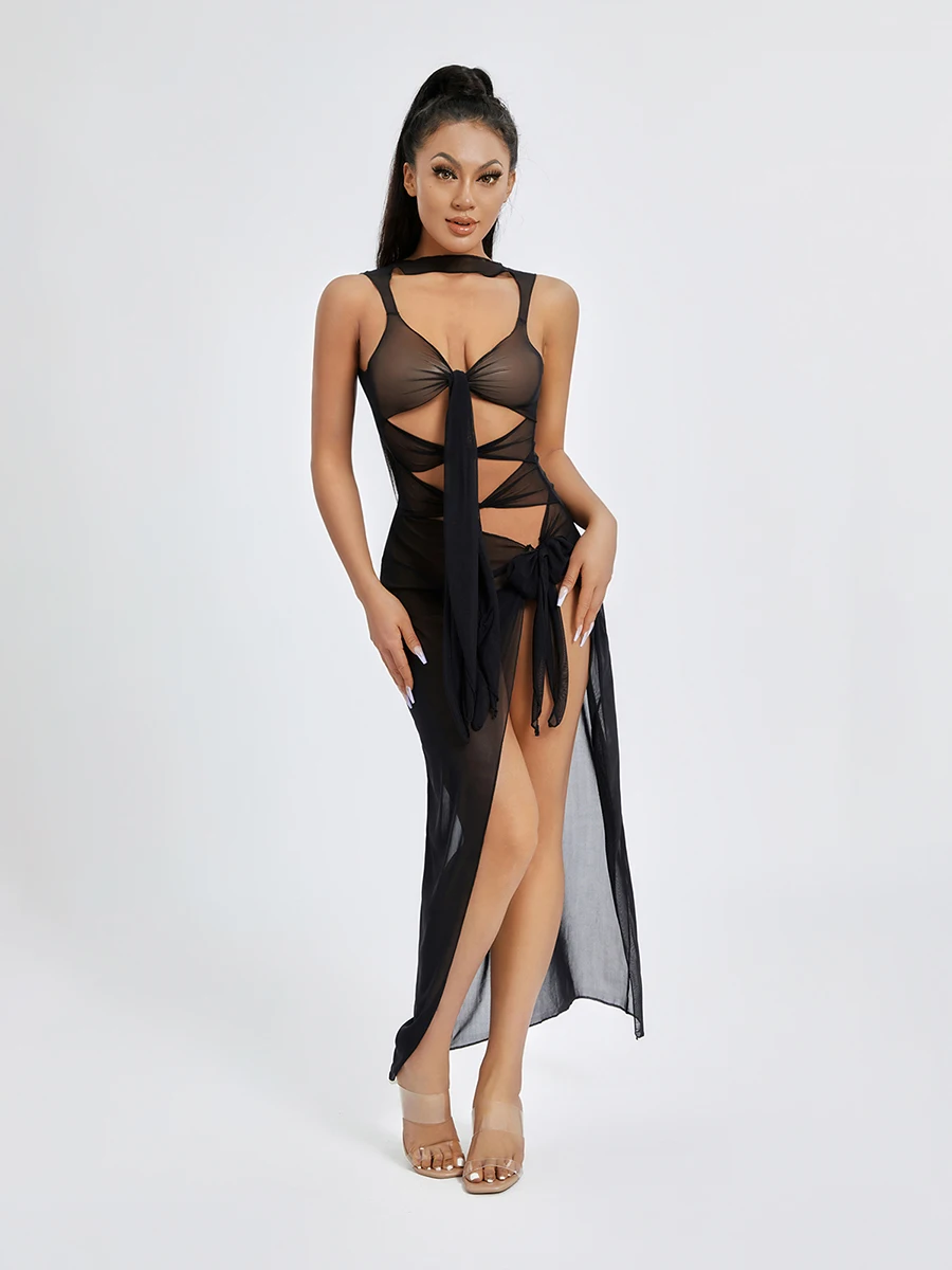 Damskie Sheer sukienka bez rękawów obcisłe sukienki Maxi Bbodycon Slim Fit Split sukienki koktajlowe imprezowe