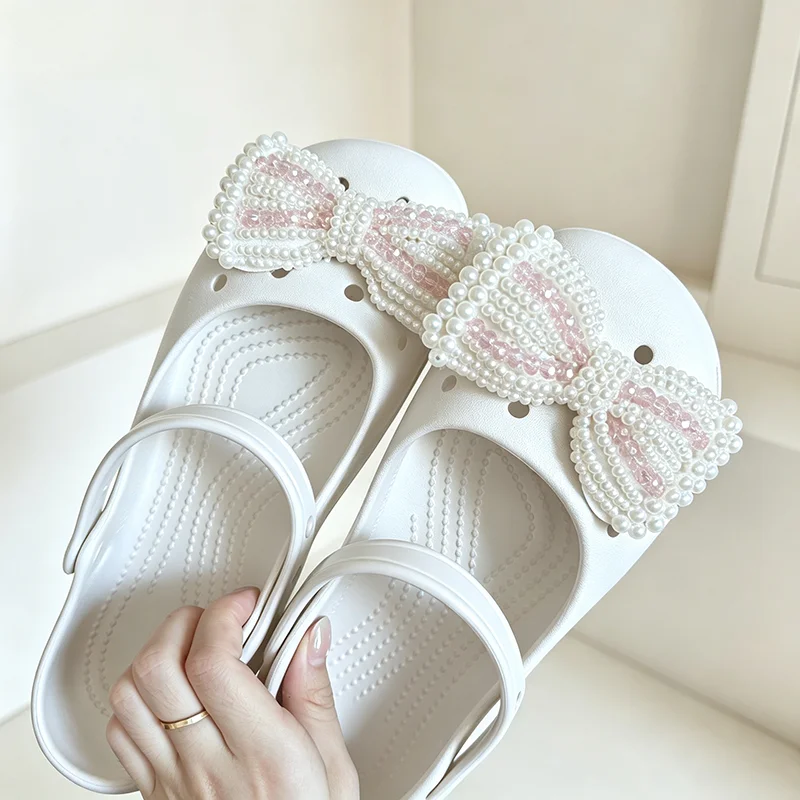 Women's Pearl Bowknot Shoes Charm Set Summer 2026 Sweet Pink Crystal Clogs Accessories Korean Style Women DIY Shoes Decorations