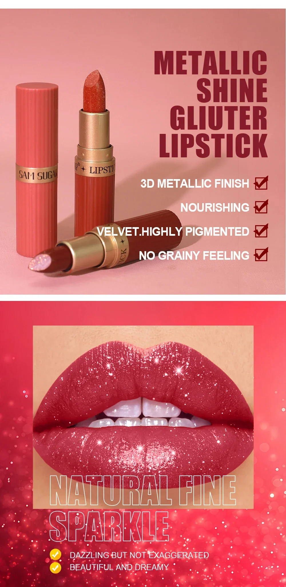 Diamant glänzender samtmatter Lippenstift, glitzernd, schimmernd, perlmuttartig, sexy rote Lippentönung, antihaftbeschichteter Lippenstift, hochpigmentierte Lippen, Kosmetik – Detail 6