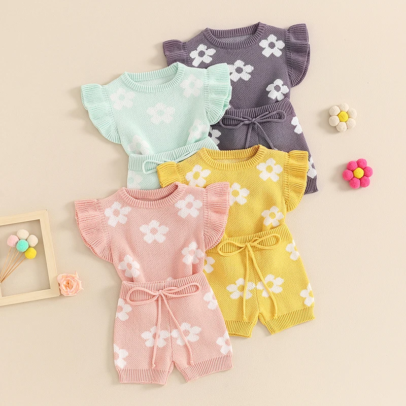 

2024-04-12 Lioraitiin 0-24M Summer Infant Baby Girls Outfits Floral Print Ruffle Tops and Elastic Shorts Set Cute Clothes