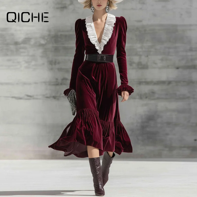 QICHE 2026 Winter Slim Long Sleeve Dress For Women, V Neck Color Block Elegant Mermaid Hem Formal Dress