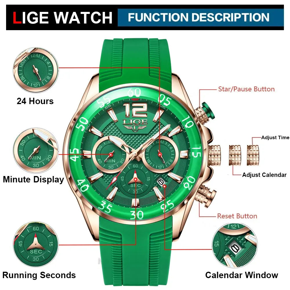 2024 LIGE Fashion Men Watches Sport Quartz Watch Man Brand Luxury Wristwatches Chronograph Waterproof Casual Clock Montre Homme