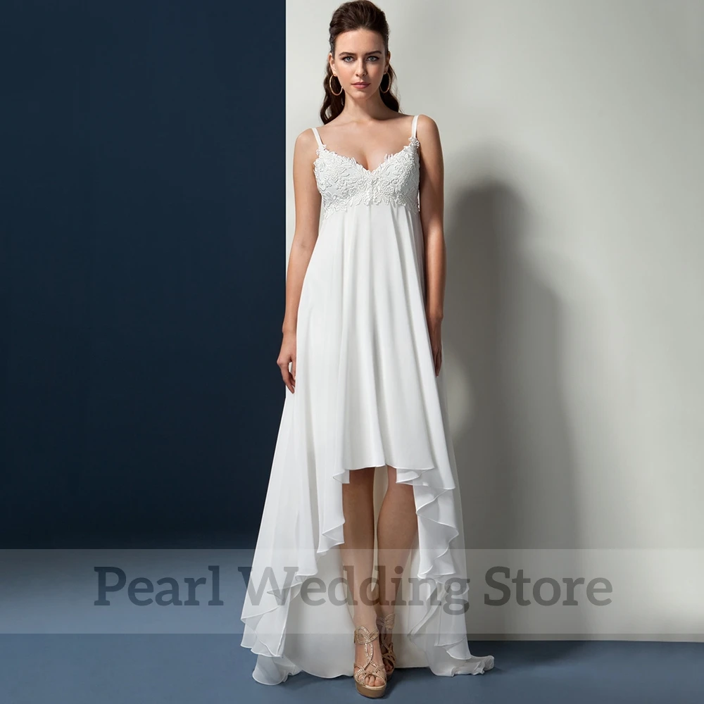 Vestido de casamento simples V-Neck com alças de espaguete, alta e baixa, Chiffon Applique, costas abertas, casamento na praia, vestidos de noiva, clássico