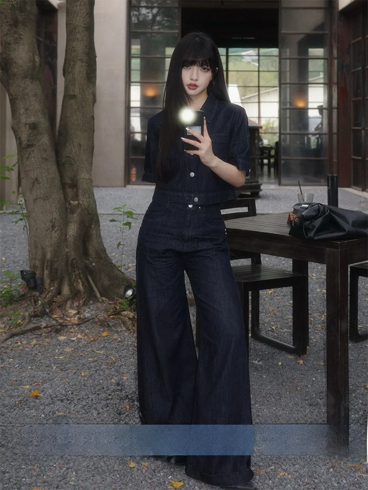 

Женская джинсовая рубашка с коротким рукавом в корейском стиле и широкие брюки с высокой талией, комплект из двух предметов, летний модный повседневный наряд