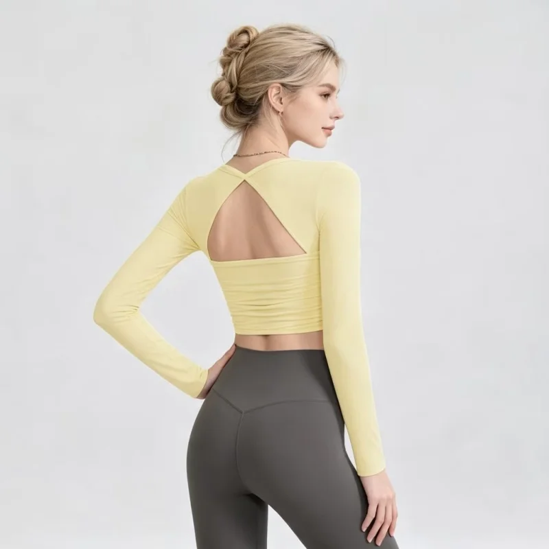 Women Long Sleeve Yoga Top Mesh Cutout U‑Neck Back Design Breathable Soft Fitness Training Shirt Gym Active Sports Apparel