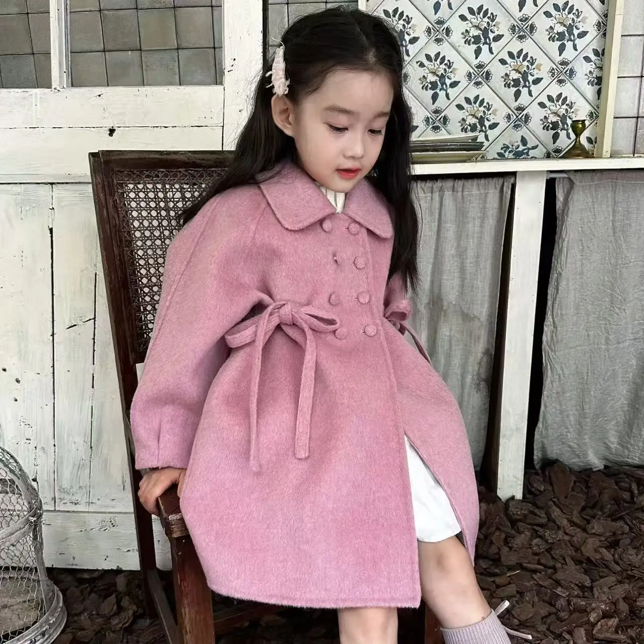 

Детское шерстяное пальто для девочек, осень-зима 2025, новое детское милое розовое фиолетовое двубортное пальто, длинная куртка