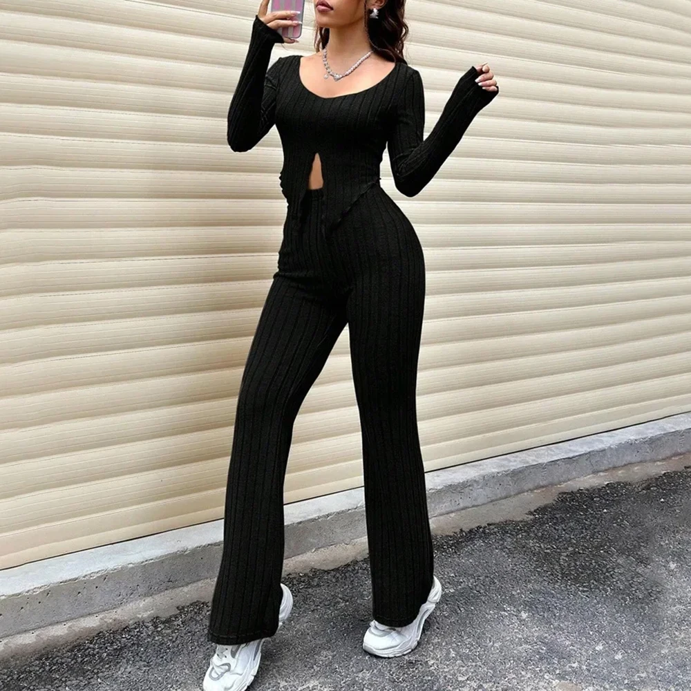 بدلة أزياء نسائية من Pure Desire بخصر عالٍ، سراويل ضيقة بلون سادة، ملابس علوية مناسبة للخريف والشتاء الأوروبية والأمريكية