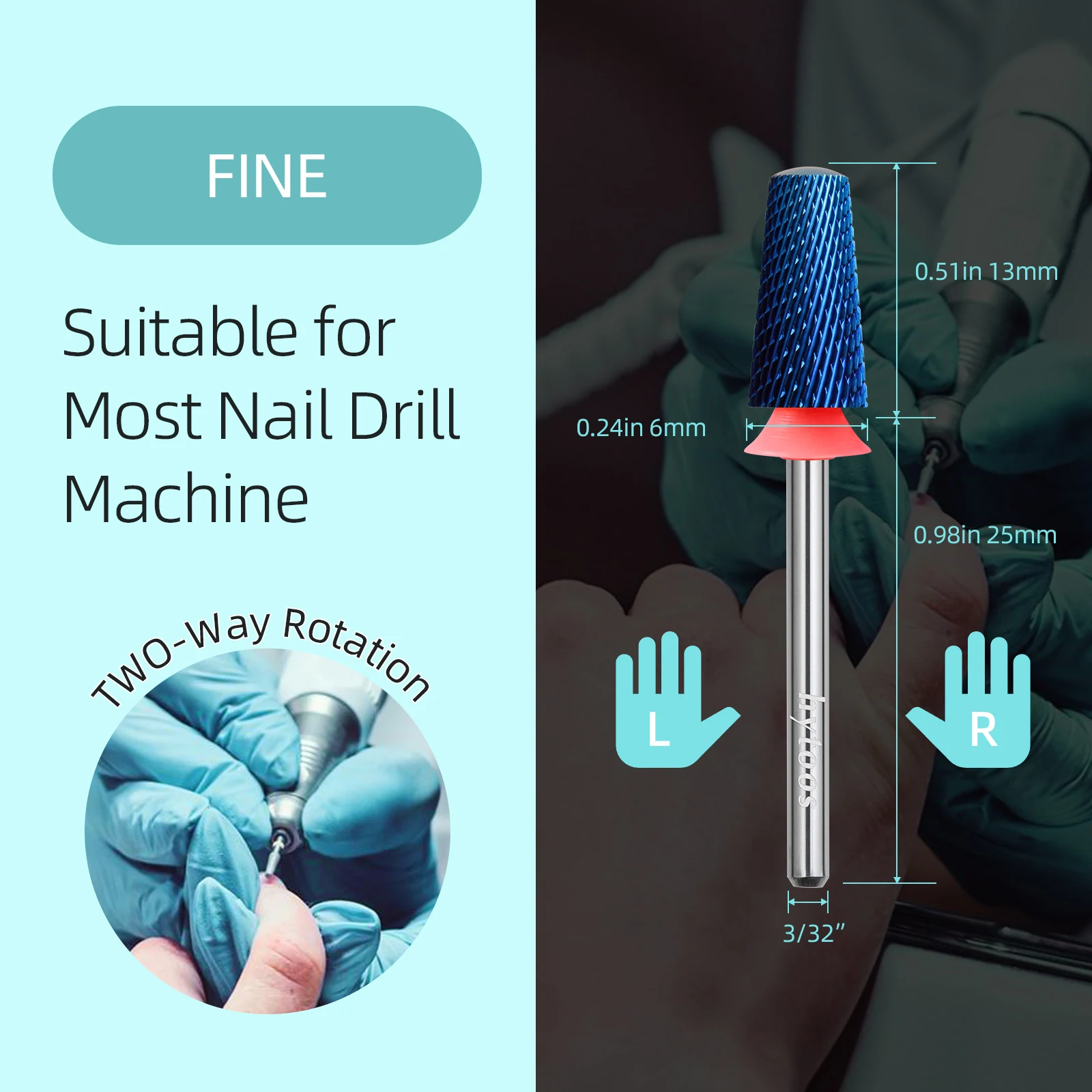 Hytoos-nano Safety Nissorsネイルドリルビット、カーバイドネイルビット、電気ファイル、アクリルジェルファイル、滑らかなトップバレル、ブルー、3/32