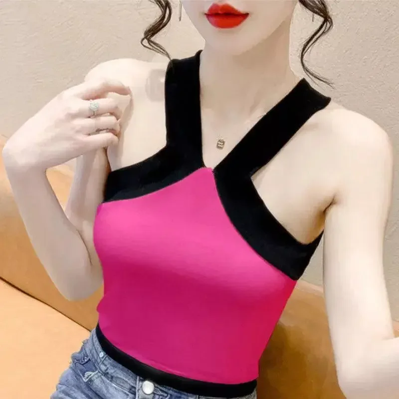 2026 Summer New Women's Ice Silk Strapless Halter Top Short Pure Desire Sexy Color Blocking Inner Outer Wear Fashion Pullover