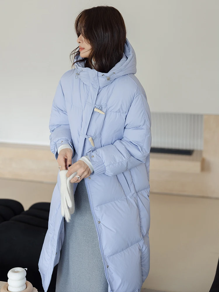 

Blue Long down Jaet Women's Winter Thiened Hooded Bread Sle 90% White Du Feather Coat Warm Casual Straight Cut