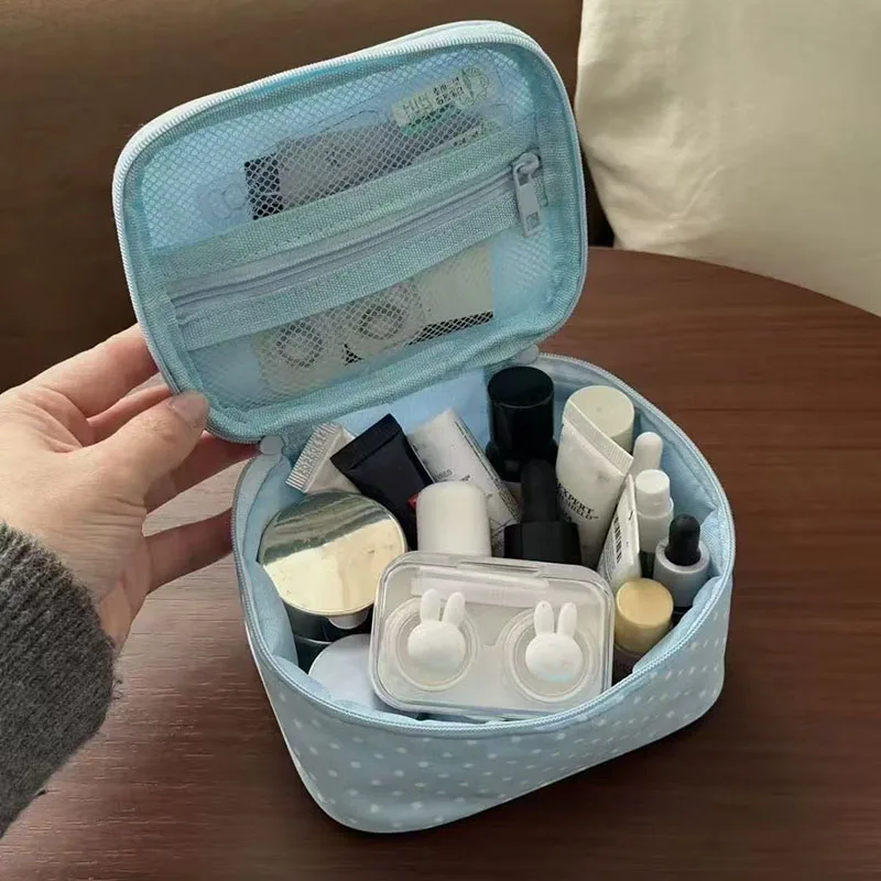 Makeup Bag for Women Light Blue with White Polka Dots Simple Fresh Design Zipper Makep Brush Case Bags