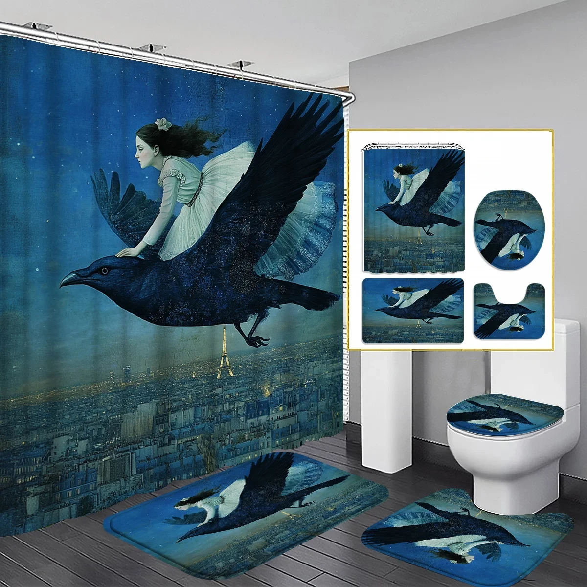 

4 шт., комплект занавесок для душа с рисунком синего неба и вороны для девочек, занавеска для ванной комнаты, декор для ванной комнаты, занавеска для душа, перегородка для ванной комнаты
