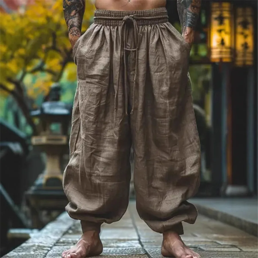 

Vintage Cotton Linen Men's Wide Leg Pants Spring Summer Casual Drawstring Pockets Baggy Pants Streetwear Harajuku Men's Clothing