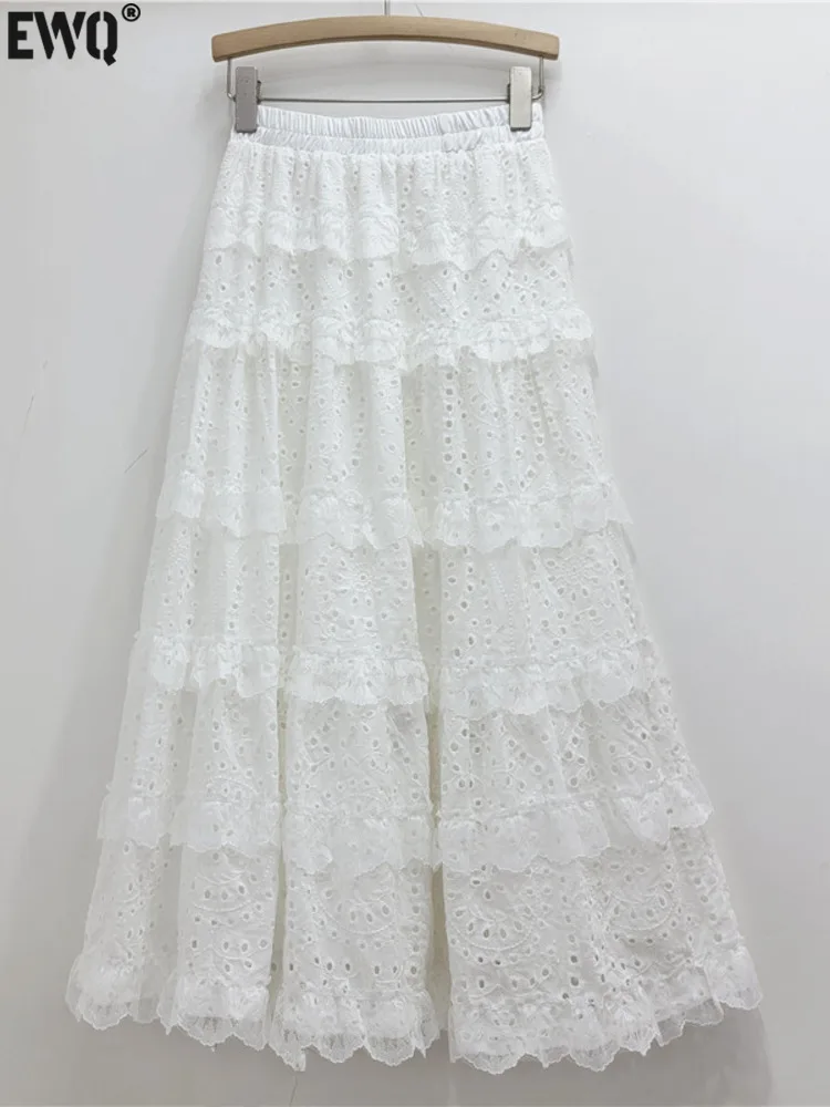 

[EWQ] Elegant Elastic High Waist Hollow Out white Skirts Spliced Lace Design Women Long Skirt 2024 Autumn New Fashion 16O2220