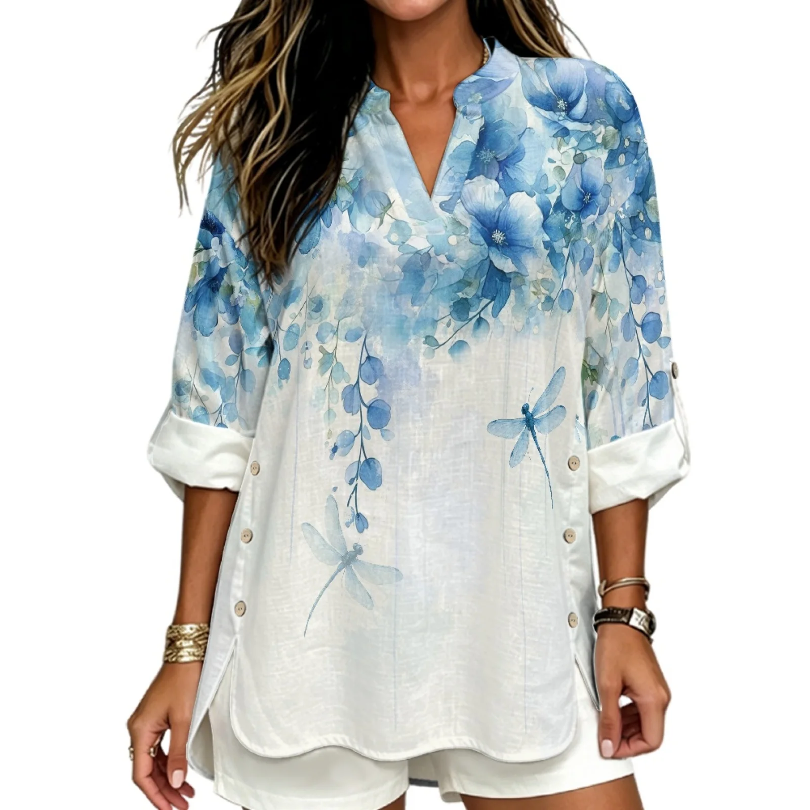 PENSTROLL Blue Dragonfly Print Linen Like Long Sleeve Tops for Women for Year Round Roll Up Long Sleeve Casual Loose Fit Blouses