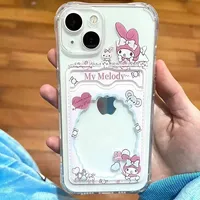 Cute Pink Rose My Melody Kawaii Korean  Phone Case For iPhone 16 15 14 13 12 11 Pro Max XR XS MAX 7 8 Plus Y2K Card Holder Cover