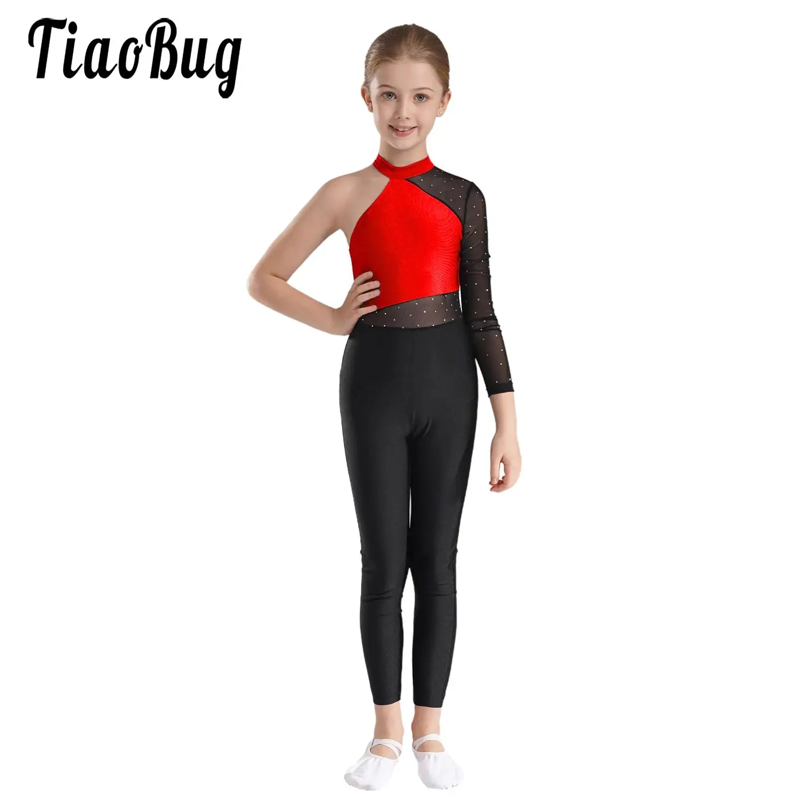 

Kids Girls Mesh Sleeve Patchwork Leotards Gymnastic Jumpsuit Figure Skating Ballet Competition Dresses Rhythmic Dance One-piece