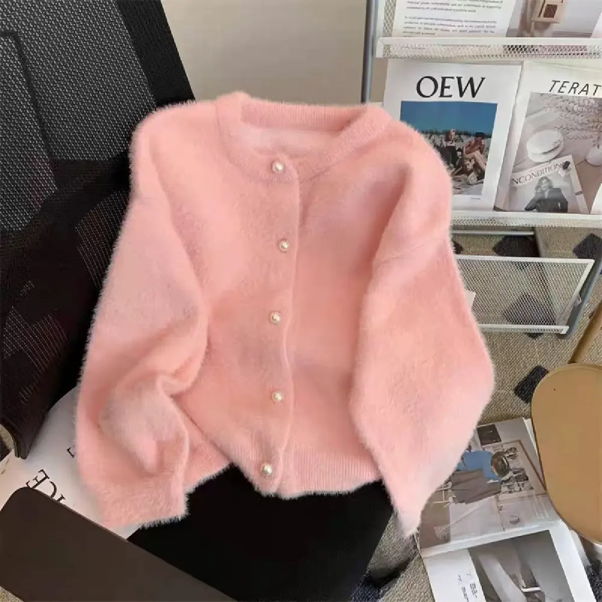 Autumn And Winter Lazy Knitted Jacket Imitation Mink Velvet Knitted Sweater Solid Color Round Neck Pearl Button Cardigan