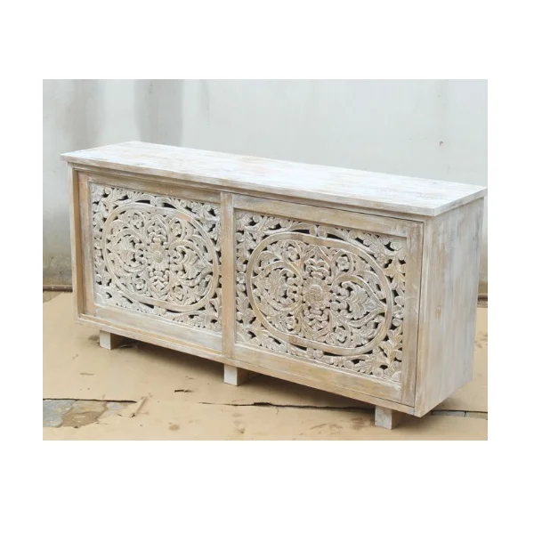 Modern sliding sideboard 2 doors, catering solid mango wood carving after imitation finish MDF hotel
