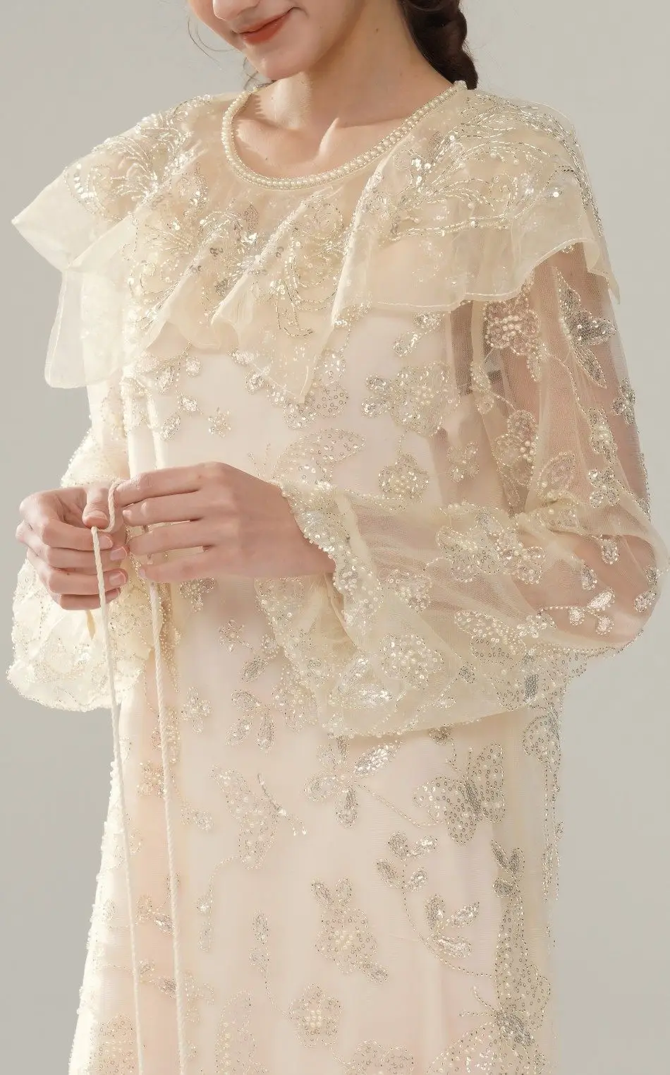 100-112cm Bust Spring Fall Midi Dress Women Elegant Loose Luxury Embroidery Beadings Glittering Butterfly Pattern Sequins Dress