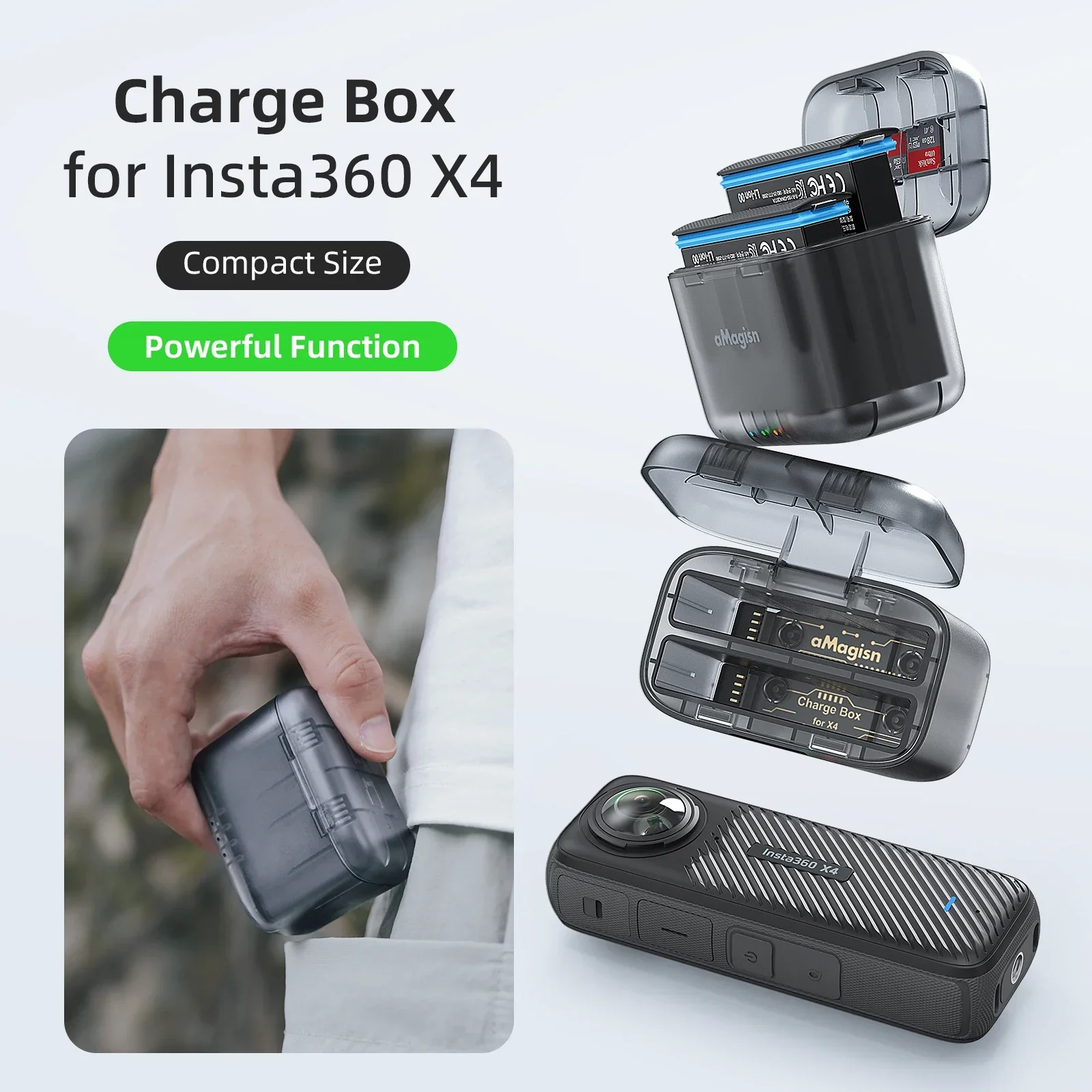 aMagisn Transparent Charging Box for Insta360 X4 Accessories Smart Charger Case with TF Card Storage Action Camera Accessories