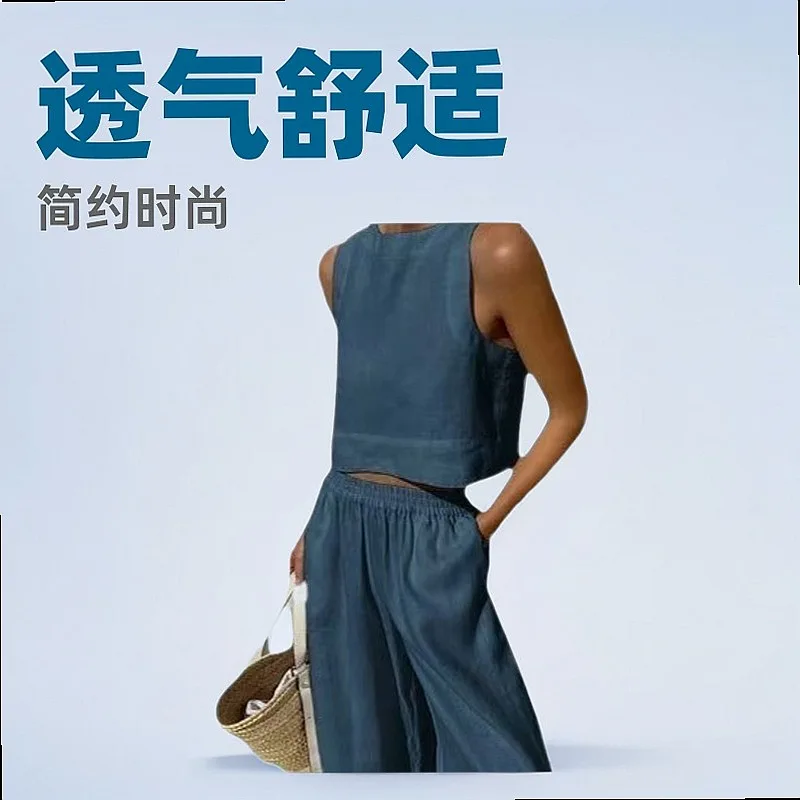 Women's Sleeveless Linen Cotton Wide Leg Pants Jumpsuit Matching Set Summer Spring Outfits