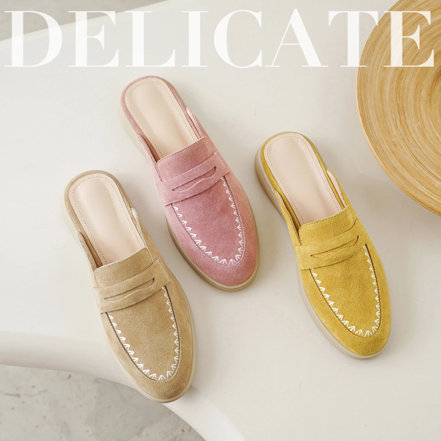 2026 new summer women sandals natural leather 22-24.5cm sheepskin+kid suede round toe sewing thread women fashion slippers